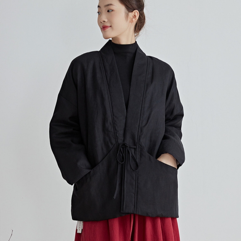 Traditional Winter Japanese Clothing - Capispalla in cotone stile cinese Nero